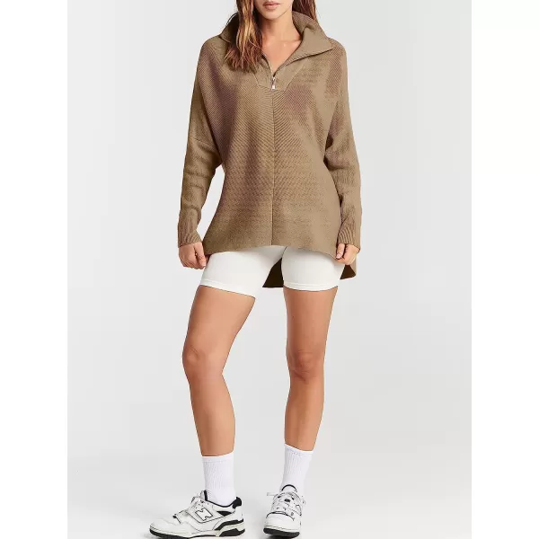 imageANRABESS Womens 14 Zipper V Neck Collared Long Batwing Sleeve Oversized Slouchy High Low Knit Tunic SweaterKhaki