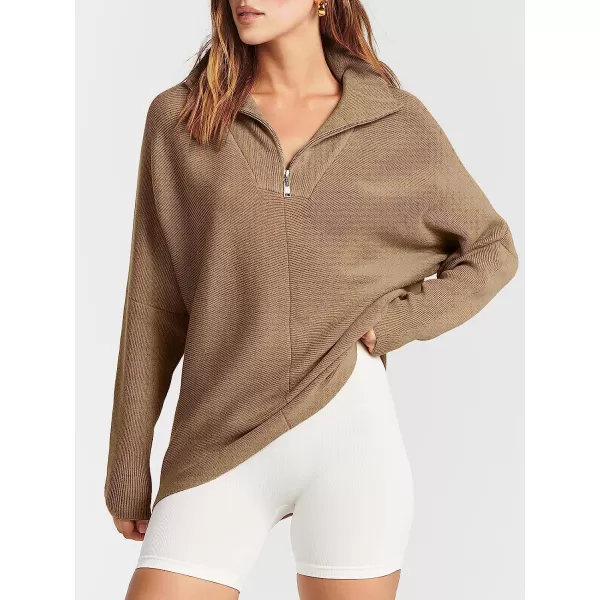 imageANRABESS Womens 14 Zipper V Neck Collared Long Batwing Sleeve Oversized Slouchy High Low Knit Tunic SweaterKhaki