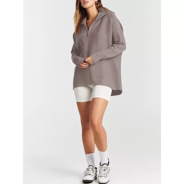 imageANRABESS Womens 14 Zipper V Neck Collared Long Batwing Sleeve Oversized Slouchy High Low Knit Tunic SweaterKhaki Pink