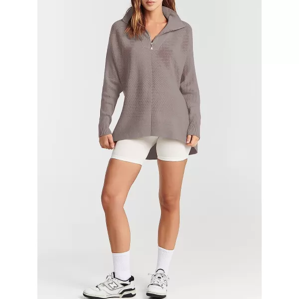 imageANRABESS Womens 14 Zipper V Neck Collared Long Batwing Sleeve Oversized Slouchy High Low Knit Tunic SweaterKhaki Pink