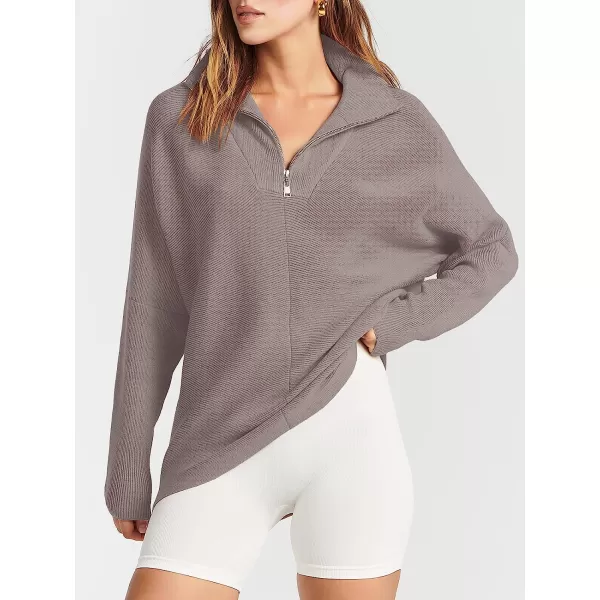 imageANRABESS Womens 14 Zipper V Neck Collared Long Batwing Sleeve Oversized Slouchy High Low Knit Tunic SweaterKhaki Pink