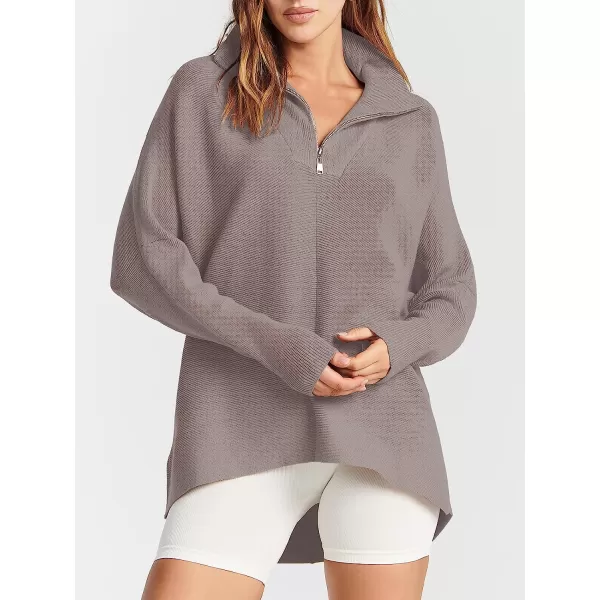 imageANRABESS Womens 14 Zipper V Neck Collared Long Batwing Sleeve Oversized Slouchy High Low Knit Tunic SweaterKhaki Pink