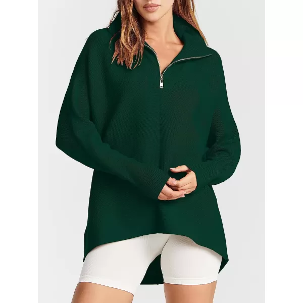 imageANRABESS Womens 14 Zipper V Neck Collared Long Batwing Sleeve Oversized Slouchy High Low Knit Tunic SweaterOpal Green