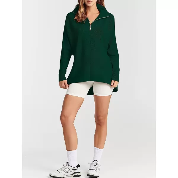 imageANRABESS Womens 14 Zipper V Neck Collared Long Batwing Sleeve Oversized Slouchy High Low Knit Tunic SweaterOpal Green
