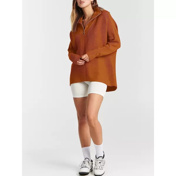 imageANRABESS Womens 14 Zipper V Neck Collared Long Batwing Sleeve Oversized Slouchy High Low Knit Tunic SweaterOrange Rust