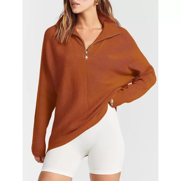 imageANRABESS Womens 14 Zipper V Neck Collared Long Batwing Sleeve Oversized Slouchy High Low Knit Tunic SweaterOrange Rust