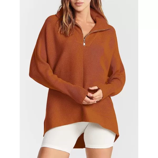 imageANRABESS Womens 14 Zipper V Neck Collared Long Batwing Sleeve Oversized Slouchy High Low Knit Tunic SweaterOrange Rust