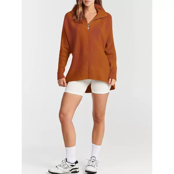 imageANRABESS Womens 14 Zipper V Neck Collared Long Batwing Sleeve Oversized Slouchy High Low Knit Tunic SweaterOrange Rust