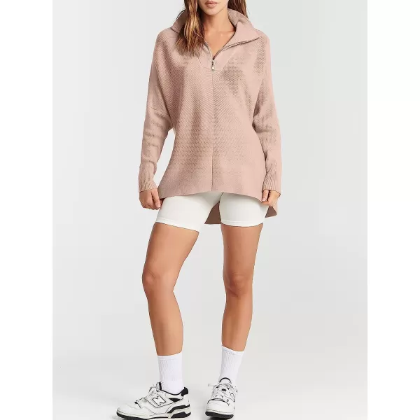 imageANRABESS Womens 14 Zipper V Neck Collared Long Batwing Sleeve Oversized Slouchy High Low Knit Tunic SweaterPink