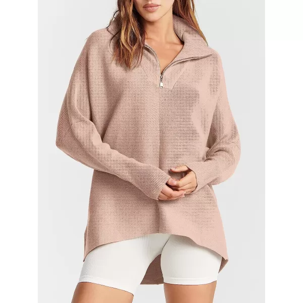 imageANRABESS Womens 14 Zipper V Neck Collared Long Batwing Sleeve Oversized Slouchy High Low Knit Tunic SweaterPink