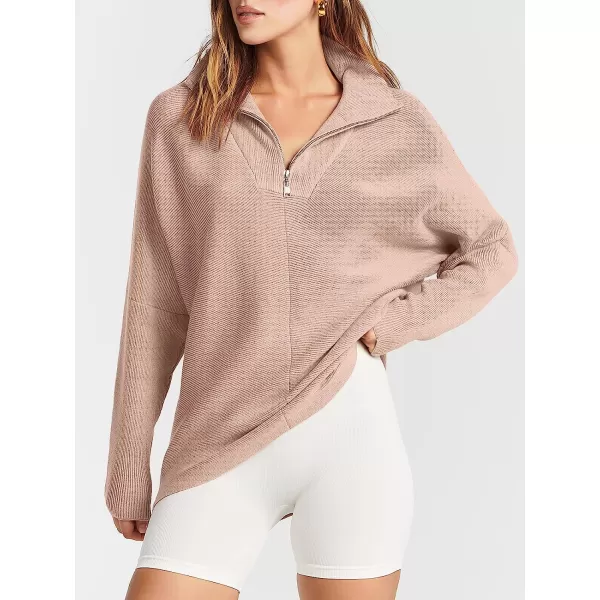 imageANRABESS Womens 14 Zipper V Neck Collared Long Batwing Sleeve Oversized Slouchy High Low Knit Tunic SweaterPink