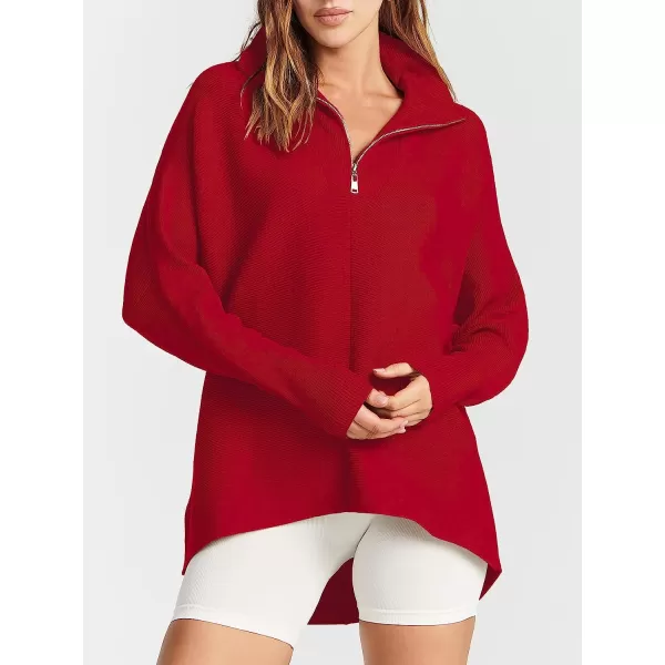 imageANRABESS Womens 14 Zipper V Neck Collared Long Batwing Sleeve Oversized Slouchy High Low Knit Tunic SweaterRed
