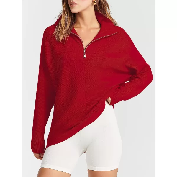 imageANRABESS Womens 14 Zipper V Neck Collared Long Batwing Sleeve Oversized Slouchy High Low Knit Tunic SweaterRed