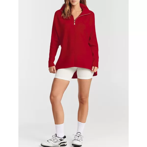 imageANRABESS Womens 14 Zipper V Neck Collared Long Batwing Sleeve Oversized Slouchy High Low Knit Tunic SweaterRed