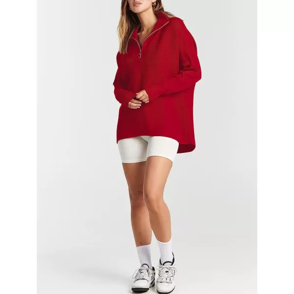 imageANRABESS Womens 14 Zipper V Neck Collared Long Batwing Sleeve Oversized Slouchy High Low Knit Tunic SweaterRed