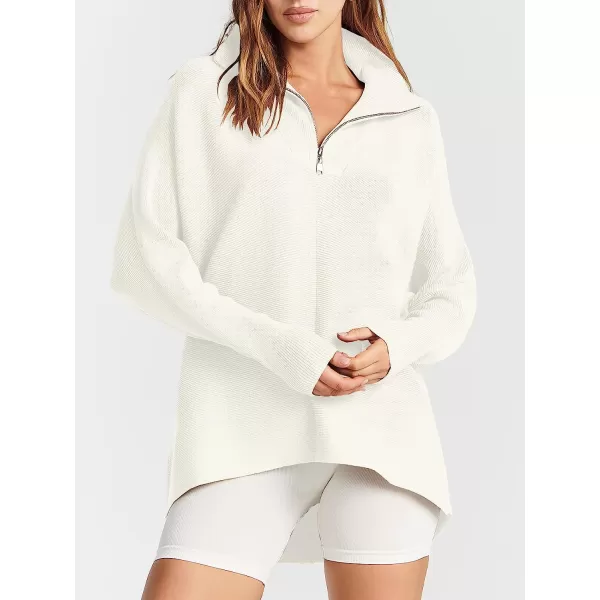 imageANRABESS Womens 14 Zipper V Neck Collared Long Batwing Sleeve Oversized Slouchy High Low Knit Tunic SweaterWhite