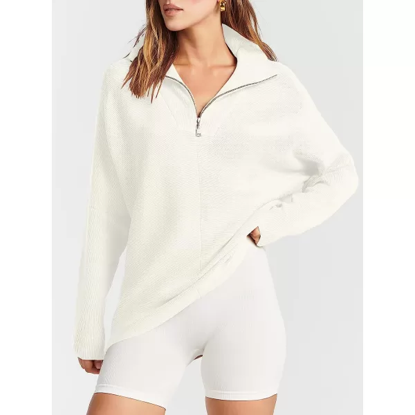 imageANRABESS Womens 14 Zipper V Neck Collared Long Batwing Sleeve Oversized Slouchy High Low Knit Tunic SweaterWhite