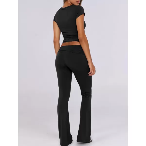 imageANRABESS Womens 2 Piece Lounge Sets Foldover Flare Pants Set Shorts Sleeve Y2K Cropped Top Casual Outfits PajamasBlack