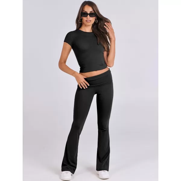 imageANRABESS Womens 2 Piece Lounge Sets Foldover Flare Pants Set Shorts Sleeve Y2K Cropped Top Casual Outfits PajamasBlack