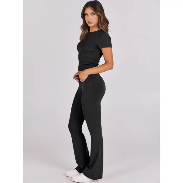 imageANRABESS Womens 2 Piece Lounge Sets Foldover Flare Pants Set Shorts Sleeve Y2K Cropped Top Casual Outfits PajamasBlack