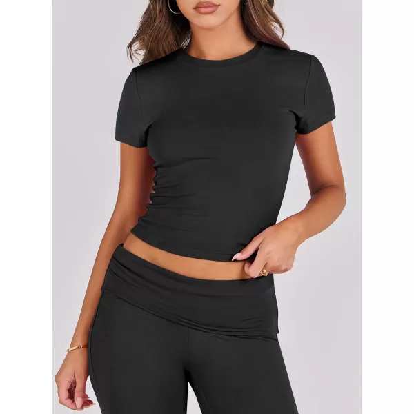 imageANRABESS Womens 2 Piece Lounge Sets Foldover Flare Pants Set Shorts Sleeve Y2K Cropped Top Casual Outfits PajamasBlack