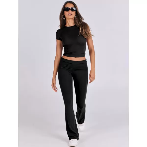 imageANRABESS Womens 2 Piece Lounge Sets Foldover Flare Pants Set Shorts Sleeve Y2K Cropped Top Casual Outfits PajamasBlack