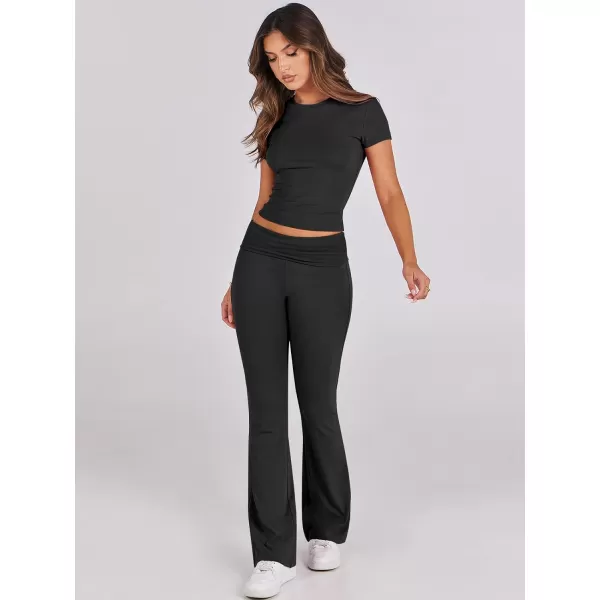 imageANRABESS Womens 2 Piece Lounge Sets Foldover Flare Pants Set Shorts Sleeve Y2K Cropped Top Casual Outfits PajamasBlack