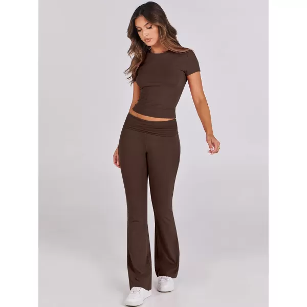 imageANRABESS Womens 2 Piece Lounge Sets Foldover Flare Pants Set Shorts Sleeve Y2K Cropped Top Casual Outfits PajamasBrown