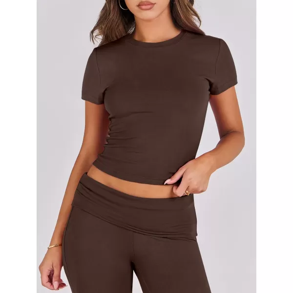 imageANRABESS Womens 2 Piece Lounge Sets Foldover Flare Pants Set Shorts Sleeve Y2K Cropped Top Casual Outfits PajamasBrown