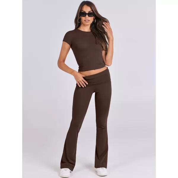 imageANRABESS Womens 2 Piece Lounge Sets Foldover Flare Pants Set Shorts Sleeve Y2K Cropped Top Casual Outfits PajamasBrown