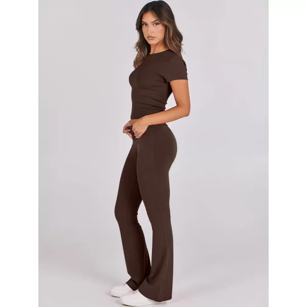 imageANRABESS Womens 2 Piece Lounge Sets Foldover Flare Pants Set Shorts Sleeve Y2K Cropped Top Casual Outfits PajamasBrown