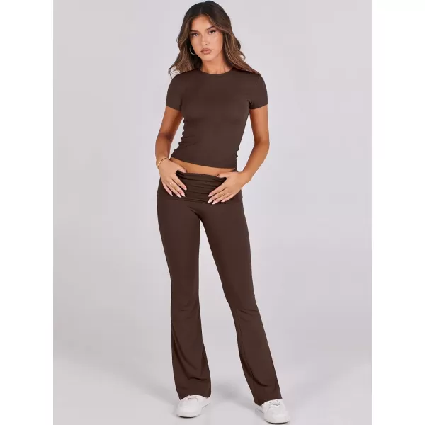 imageANRABESS Womens 2 Piece Lounge Sets Foldover Flare Pants Set Shorts Sleeve Y2K Cropped Top Casual Outfits PajamasBrown