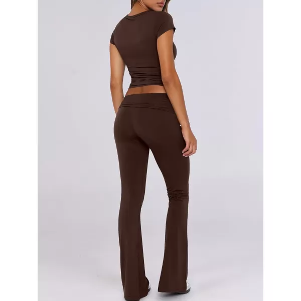 imageANRABESS Womens 2 Piece Lounge Sets Foldover Flare Pants Set Shorts Sleeve Y2K Cropped Top Casual Outfits PajamasBrown