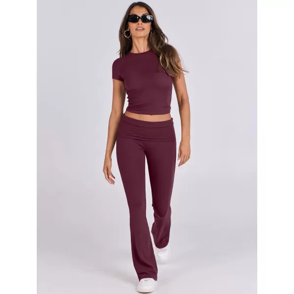 imageANRABESS Womens 2 Piece Lounge Sets Foldover Flare Pants Set Shorts Sleeve Y2K Cropped Top Casual Outfits PajamasBurgundy