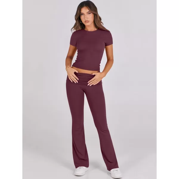 imageANRABESS Womens 2 Piece Lounge Sets Foldover Flare Pants Set Shorts Sleeve Y2K Cropped Top Casual Outfits PajamasBurgundy