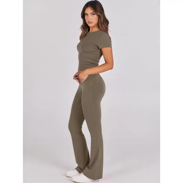 imageANRABESS Womens 2 Piece Lounge Sets Foldover Flare Pants Set Shorts Sleeve Y2K Cropped Top Casual Outfits PajamasCoffee Grey