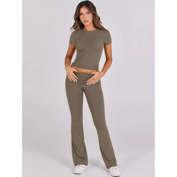imageANRABESS Womens 2 Piece Lounge Sets Foldover Flare Pants Set Shorts Sleeve Y2K Cropped Top Casual Outfits PajamasCoffee Grey