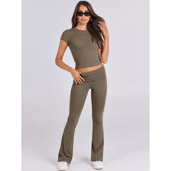 imageANRABESS Womens 2 Piece Lounge Sets Foldover Flare Pants Set Shorts Sleeve Y2K Cropped Top Casual Outfits PajamasCoffee Grey