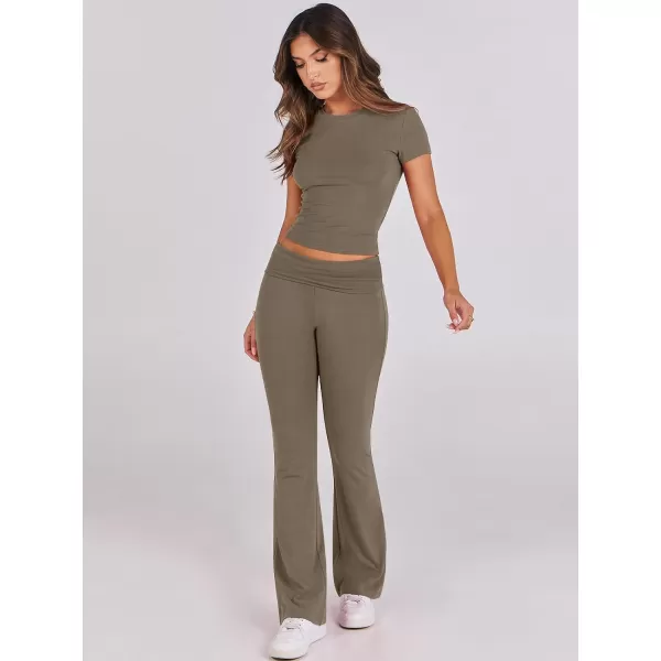 imageANRABESS Womens 2 Piece Lounge Sets Foldover Flare Pants Set Shorts Sleeve Y2K Cropped Top Casual Outfits PajamasCoffee Grey