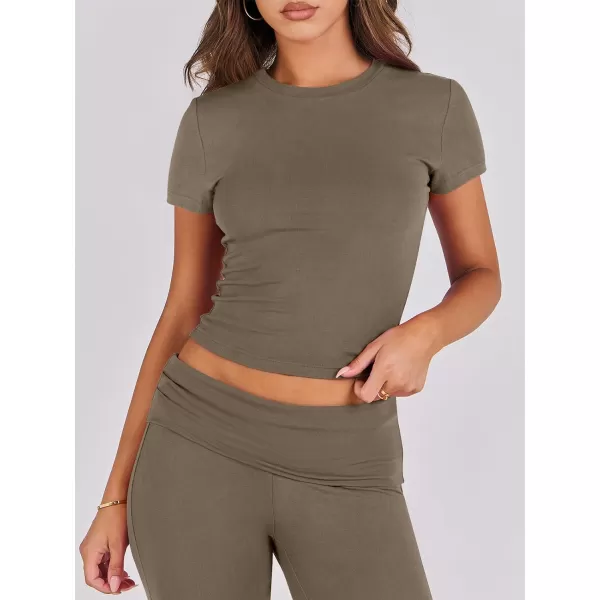 imageANRABESS Womens 2 Piece Lounge Sets Foldover Flare Pants Set Shorts Sleeve Y2K Cropped Top Casual Outfits PajamasCoffee Grey