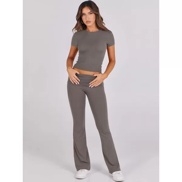 imageANRABESS Womens 2 Piece Lounge Sets Foldover Flare Pants Set Shorts Sleeve Y2K Cropped Top Casual Outfits PajamasDeep Gray