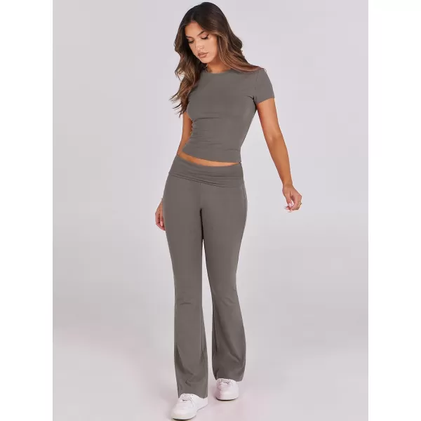 imageANRABESS Womens 2 Piece Lounge Sets Foldover Flare Pants Set Shorts Sleeve Y2K Cropped Top Casual Outfits PajamasDeep Gray