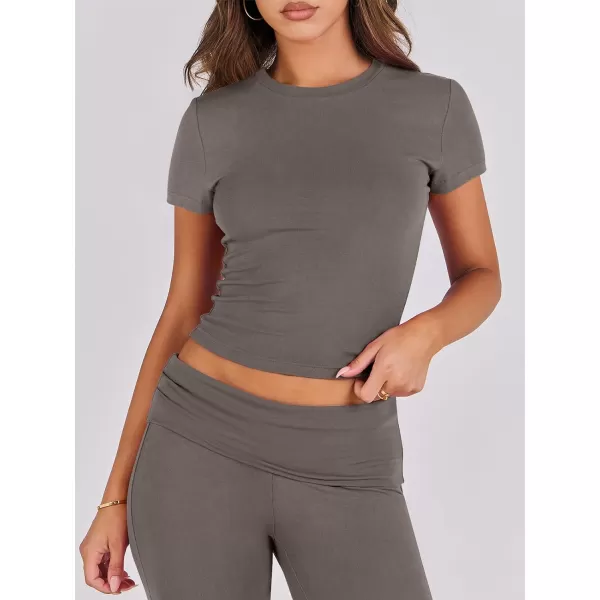 imageANRABESS Womens 2 Piece Lounge Sets Foldover Flare Pants Set Shorts Sleeve Y2K Cropped Top Casual Outfits PajamasDeep Gray
