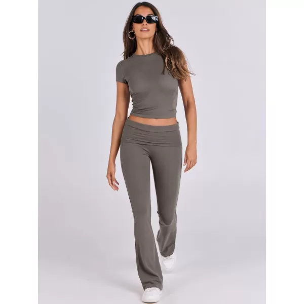 imageANRABESS Womens 2 Piece Lounge Sets Foldover Flare Pants Set Shorts Sleeve Y2K Cropped Top Casual Outfits PajamasDeep Gray