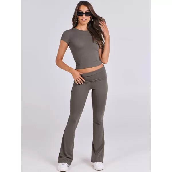 imageANRABESS Womens 2 Piece Lounge Sets Foldover Flare Pants Set Shorts Sleeve Y2K Cropped Top Casual Outfits PajamasDeep Gray