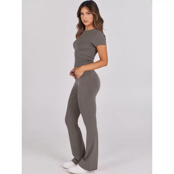 imageANRABESS Womens 2 Piece Lounge Sets Foldover Flare Pants Set Shorts Sleeve Y2K Cropped Top Casual Outfits PajamasDeep Gray
