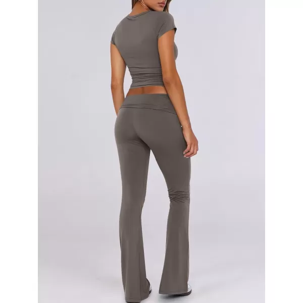 imageANRABESS Womens 2 Piece Lounge Sets Foldover Flare Pants Set Shorts Sleeve Y2K Cropped Top Casual Outfits PajamasDeep Gray