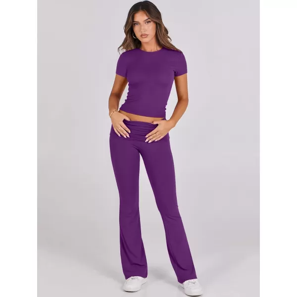 imageANRABESS Womens 2 Piece Lounge Sets Foldover Flare Pants Set Shorts Sleeve Y2K Cropped Top Casual Outfits PajamasDeep Purple