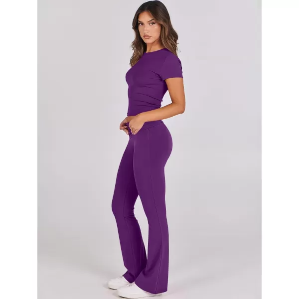imageANRABESS Womens 2 Piece Lounge Sets Foldover Flare Pants Set Shorts Sleeve Y2K Cropped Top Casual Outfits PajamasDeep Purple