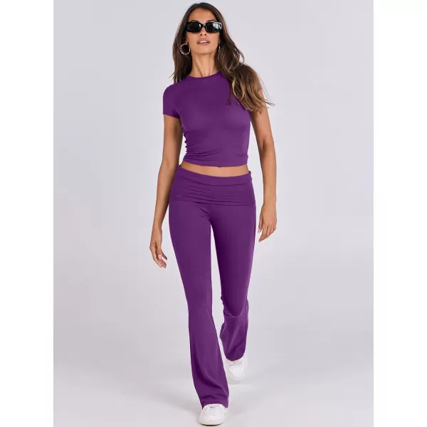 imageANRABESS Womens 2 Piece Lounge Sets Foldover Flare Pants Set Shorts Sleeve Y2K Cropped Top Casual Outfits PajamasDeep Purple